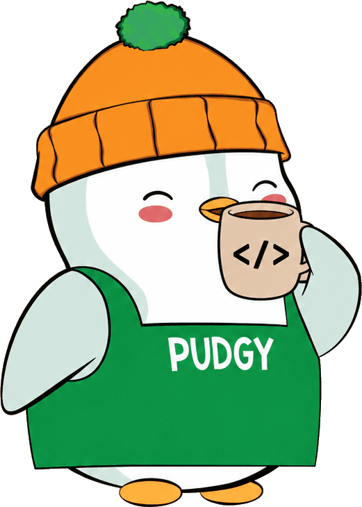 Lil Pudgy the penguin happily sipping from a steaming coffee mug with a code icon on it